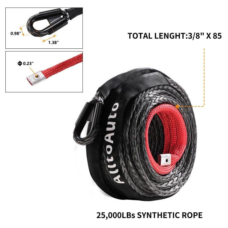 حبل ونش صناعي من AlltoAuto بطول 3/8 بوصة × 85 بوصة كابل Dyneema مع غلاف واقي بقوة 25000 رطل لشاحنة الدفع الرباعي على الطرق الوعرة - Image 2